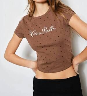 NEW PRETTY GARBAGE women's kamika polka dot graphic tee in brown